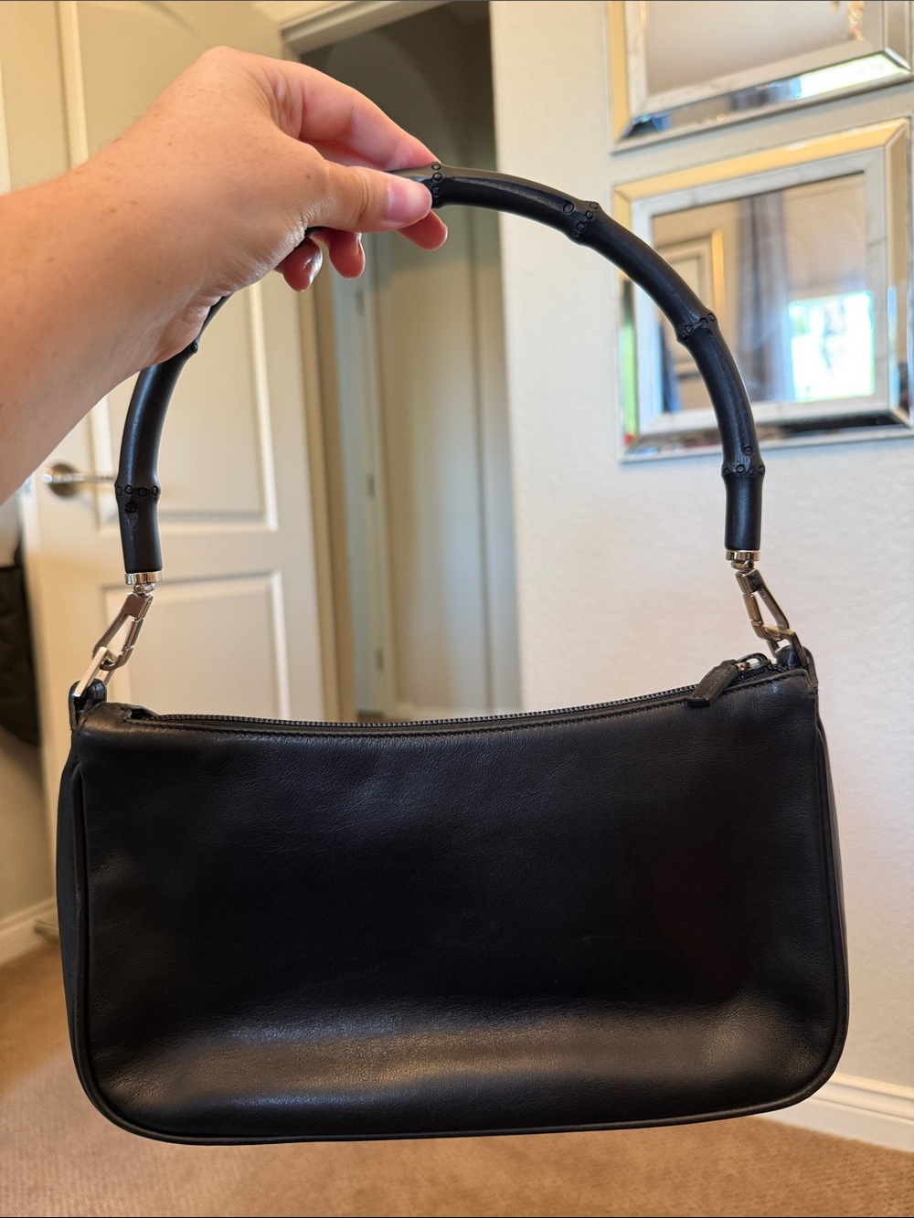 Gucci by Tom Ford Vintage Black Leather Shoulder Bag with Bamboo Handles - Picture 4 of 6